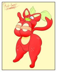 4:5 absurd_res alpog21_(artist) big_breasts blue_eyes border breasts busty_feral domestic_cat felid feline felis female feral food fruit genitals green_mouth green_nose green_tongue hair hi_res huge_breasts leaf leaf_on_head leaf_on_tail mammal one_eye_closed one_paw_up open_mouth plant plump_labia raised_tail red_body red_breasts red_ears red_hair red_legs red_paws red_tail red_vulva seed solo standing strawberry tail tongue trod vulva white_border