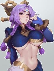 abs allen_skies02 big_breasts blush large_breasts league_of_legends muscular_female underboob yunara_(league_of_legends)