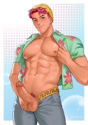 1boy abby_(kpop_demon_hunters) abs beanie beanie_hat chest circumcised circumcised_penis clothed dick_out dick_out_of_pants erect erect_cock erect_dick erect_penis erection kpop_demon_hunters looking_at_viewer male male_only open_pants open_shirt pink_hair pink_pubes precum precum_drip precum_on_penis pubes pulling_shirt_open six_pack solo solo_male tagme uhaiowl