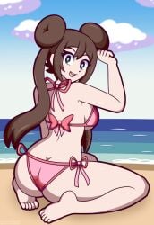 ass barefoot beach bikini blue_eyes breasts brown_hair day double_bun feet female long_hair looking_at_viewer looking_back ocean open_mouth outdoors pink_bikini rosa_(pokemon) sand side-tie_bikini sideboob smile soles solo swimsuit toes twintails