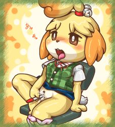 2015 animal_crossing blush box_xod heart isabelle_(animal_crossing) japanese_text nintendo open_mouth pen pussy text tongue video_games