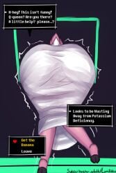 2025 2:3 anthro ass big_ass biped clothed clothing cloven_hooves deer deltarune dialogue dress english_text female gameplay_mechanics gui hooves lumineko mammal noelle_holiday rear_view scut_tail short_tail solo stuck suggestive tail text text_box through_wall tremble_spikes undertale_(series) unguligrade