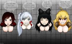 4girls angry angry_expression angry_eyes angry_face angry_sub animal_ears anus black_hair blake_belladonna blonde_female blonde_hair blonde_hair blonde_hair_female breasts cat_ears catgirl closed_eyes dialogue english_text female female_only grey_eyes hyoreisan imminent_rape imminent_sex multiple_females multiple_girls naked naked_female nipples nude nude_female party_wipe ponytail public public_use pussy red_eyes ruby_rose rwby short_hair signature stuck stuck_in_wall text through_wall torn_clothes weiss_schnee white_eyes white_hair yang_xiao_long