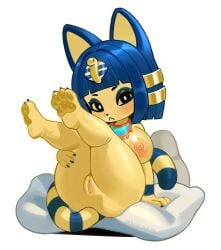 animal_crossing ankha_(animal_crossing) anthro areola biped black_eyes blue_hair blue_tail blush breasts domestic_cat eyebrows felid feline felis female fingers genitals hair hi_res jingzhou14848 legs_up looking_at_viewer mammal multicolored_tail nintendo nipples pawpads pussy simple_background solo tail vulva white_background yellow_tail