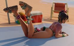 1girls accessories ass ass ass_focus beach beach_ball beach_chair beach_towel beach_umbrella blender butt_focus dark_hair feet_up female japanese_female looking_at_viewer lying_on_stomach marvel marvel_rivals netease_games on_beach psylocke psylocke_(marvel_rivals) sand solo solo_female solo_focus summer swimsuit swimwear the_michael watermark