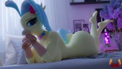 3d absurd_res accessory anthro areola ass avian bed blue_eyes blue_hair blue_tail breasts digital_media_(artwork) european_mythology feet feet_up female flower flower_in_hair friendship_is_magic furniture greek_mythology hair_accessory hasbro hi_res hippogriff humanoid_feet jewelry lamp lava_lamp looking_at_viewer loveslove my_little_pony my_little_pony:_the_movie_(2017) mythological_avian mythological_creature mythology necklace nipples on_bed pillow plant plantigrade pose princess_skystar_(mlp) solo tail talon_hands yellow_body