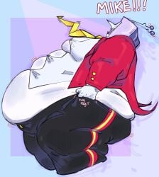 2025 antennae black_legwear black_pants crt deltarune deltarune_chapter_3 digital_art drawing english english_dialogue english_text fat fat_fetish huge_belly male morbidly_obese morbidly_obese_male necktie red_coat striped_legwear suit suit_and_tie tenna_(deltarune) tight_clothes tight_clothing tv tv_head white_dress_shirt white_shirt wobbling_belly yellow_tie