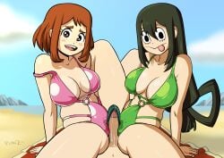 1boy 2girls beach big_breasts bikini breasts brown_hair erection erection_under_clothes female green_hair grinding grinding_on_penis grinding_through_clothes izuku_midoriya looking_at_viewer male male_pov my_hero_academia ochako_uraraka outdoors penis planz34 png pov swimsuit textless thick_thighs tsuyu_asui wide_hips