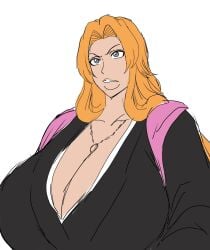1girls 2d 2d_(artwork) alternate_body_type alternate_breast_size angry angry_expression angry_face black_robe bleach blue_eyes breasts breasts_bigger_than_head chain_necklace chains digital_drawing_(artwork) digital_media_(artwork) female female_focus female_only huge_breasts japanese japanese_clothing japanese_female kissable_lips large_breasts light-skinned_female light_skin lips long_hair matsumoto_rangiku momiji_(artist) necklace orange_hair pink_scarf robe scarf shihakusho shounen_jump solo white_background