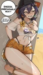 1girls absurdres alohapz aqua_eyes belle_(summer_skies)_(zenless_zone_zero) belle_(zenless_zone_zero) bikini bikini_under_shorts blue_hair blush breasts cleavage female large_breasts low_twintails orange_bikini orange_shorts outdoors see-through_cleavage see-through_clothes shirt short_hair short_twintails shorts smile swimsuit thighs tied_shirt twintails white_shirt yablofap zenless_zone_zero