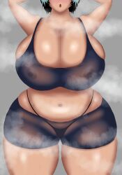 big_breasts breasts breasts_bigger_than_head cleavage enormous_breasts female hands_behind_head overflowing_breasts plump plump_thighs shorts sideboob sports_bra thick_thighs thong tight_clothing wide_hips