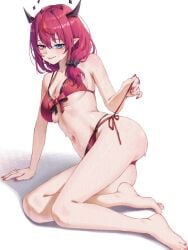 1girl ass bikini feet female heterochromia hololive hololive_english horns irys_(hololive) navel pointy_ears pulling_bikini_string red_hair samukzz tummy underboob virtual_youtuber vtuber white_background