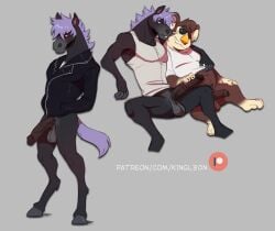 2022 animal_crossing anthro belly big_penis black_body black_fur bottomless brown_body brown_fur clothed clothing duo equid equine eugene_(animal_crossing) eyewear foreskin fur genitals grey_background hair hand_in_pocket hand_on_penis hi_res hooves horse humanoid_genitalia jacket k1ngl30n koala leather leather_clothing leather_jacket leather_topwear male male/male mammal marsupial multicolored_body nintendo pantsless patreon penis pockets purple_hair red_eyes roscoe_(animal_crossing) shirt simple_background sitting slim spread_legs spreading standing sunglasses tail tank_top text topwear topwear_only two_tone_body uncircumcised url vein vombatiform white_clothing white_shirt white_topwear