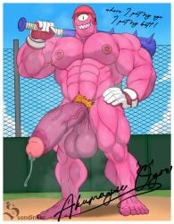 1_eye abs absurd_res akumagai_ogre armor autograph balls bat bodily_fluids character_signature cum cyclops genital_fluids genitals headgear helmet hi_res humanoid humanoid_genitalia humanoid_penis male male_only mammal muscular muscular_male nipples nude ogre penis pubes punch_punch_forever quantas solo sondinker_fazbear's