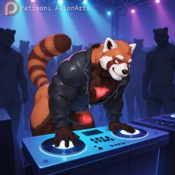 ai_generated ass background bending_over big_ass body_markings crowd crowd_watching dance_floor disco dj dj_table erect_penis erection erection_under_clothes hands_on_desk jacket male muscular muscular_male muscular_thighs pantless partially_nude party pecs penis red_eyes red_panda red_tip smirk smug smug_face submissive submissive_and_breedable submissive_anthro tail tail_fluff teeth_showing thick_thighs unzipped_jacket watermark