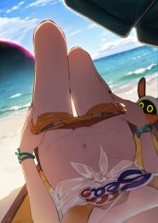 1girls beach beach_umbrella belle_(zenless_zone_zero) eous_(zenless_zone_zero) female pale-skinned_female pale_skin pants_down pov pov_eye_contact san_p.dro water zenless_zone_zero