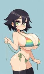 ai_generated bikini black_hair busty colored_inner_hair curvy from_side green_eyes green_hair hourglass_figure huge_breasts narrow_waist oppai pokemon rainbow_bikini rainbow_clothes rainbow_rocket_grunt rocket_grunt short short_hair shortstack team_rocket thebillai voluptous