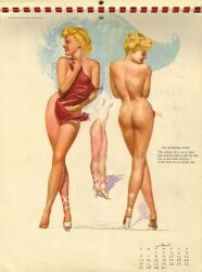 blonde_hair calendar_(medium) earl_macpherson from_behind multiple_views red_towel trying_to_cover_up viewed_from_behind viewed_from_front