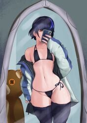 1girls 2025 2d 2d_(artwork) 2d_artwork arc_system_works bikini black_bikini black_hair blue_hair female gfreak guilty_gear guilty_gear_strive light-skinned_female light_skin mirror mirror_selfie phone pixie_cut red_eyes roger_(guilty_gear) selfie simple_background sleeves small_breasts thick_thighs thighs tomboy unika_(guilty_gear)
