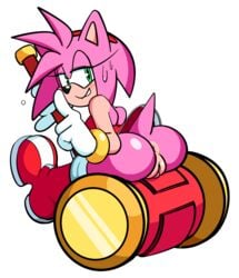 2018 amy_rose anthro anus ass black_nose blush boots bottomless bottomless_footwear bottomless_skirt bracelet bubble_butt dress female footwear furry gloves green_eyes hairband hammer hedgehog jewelry mammal piko_piko_hammer pink_hair pussy sega short_hair simple_background sitting solo sonic_(series) sweat tools upskirt watatanza