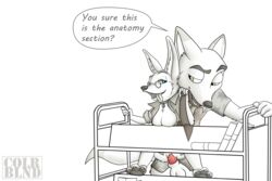 balls black_and_white canine clothed_sex clothing colrblnd_(artist) disney english_text eyewear feet female fennec fox glasses librarian library male mammal medium_breasts necktie nick_wilde paws penis public quickie text tongue zootopia