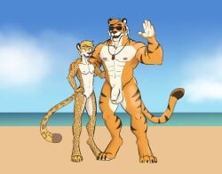2025 anthro athletic ball_tuft balls beach chilemeister countershade_face countershade_fur countershade_torso countershading cuntboy digital_drawing_(artwork) digital_media_(artwork) digitigrade duo eyewear felid foreskin front_view fur genitals gesture hand_on_hip hi_res intersex jaguar male mammal markings mastectomy_scar muscular muscular_anthro muscular_male nude nude_anthro nude_beach nude_cuntboy nude_male orange_body orange_fur pantherine penis rashid_(chilemeister) sal_(chilemeister) scar size_difference smile spots spotted_body spotted_fur standing striped_body striped_fur stripes sunglasses tiger trans_(lore) trans_man_(lore) tuft uncircumcised waving whistle_(object) whistle_around_neck white_body white_fur yellow_body yellow_fur