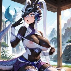 1girls ai_generated blue_eyes bodysuit breasts cleavage dragon_girl dragon_tail female female_focus female_only helmet hot large_breasts long_hair looking_at_another nipples nipples_visible_through_clothing outdoors pulling_clothing purple_skirt see-through see-through_clothing sidelocks sitting skirt solo solo_female solo_focus stretched_clothing summer sweat sweatdrop sweating sweaty sweaty_body swordsoul_of_mo_ye tail white_hair yu-gi-oh!