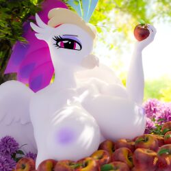 3d absurd_res anthro apple areola avian breasts digital_media_(artwork) european_mythology eyeshadow female flower food friendship_is_magic fruit greek_mythology hasbro hi_res hippogriff holding_apple holding_food holding_fruit holding_object looking_at_viewer loveslove makeup my_little_pony my_little_pony:_the_movie_(2017) mythological_avian mythological_creature mythology nipples plant purple_eyes purple_eyeshadow queen_novo_(mlp) solo tree white_body