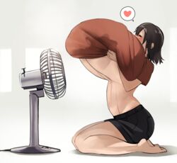 barefoot black_hair blush braid breast_hold breast_lift breasts closed_eyes cooling_off electric_fan fan female full_body gigantic_breasts heart highres hyper_breasts kneeling narita_(naze) naze no_bra on_knees original shirt short_hair short_shorts shorts sitting solo spoken_heart sweat sweat_drop sweat_stain top_heavy underboob