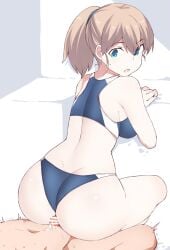 1boy 2d blue_eyes breasts buruma buttjob clothed_female_nude_male female intrepid_(kantai_collection) kantai_collection large_breasts looking_back male nude off_shoulder ponytail precum shigino_sohuzi solo_focus sports_bikini sweat tagme track_uniform wide_hips