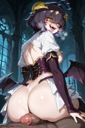 1boy 1boy1girl 1girl ahoge ai_generated ass_focus assjob balls bent_over big_balls big_penis black_cock black_penis blush bridal_gauntlets buttjob corset dark-skinned_male dark_sky demon_girl demon_horns demon_wings fangs female from_behind glowing_eyes heavy_breathing hiiragi_utena huge_balls huge_cock imminent_anal imminent_penetration imminent_sex indoors interracial interracial_sex large_penis looking_back magia_baiser mahou_shoujo_ni_akogarete male mr.mawile night open_mouth penis penis_between_ass purple_hair seductive_look shaded_face short_hair showgirl_skirt shrug_(clothing) sitting_on_person symbol-shaped_pupils tongue_out veiny_penis yellow_eyes