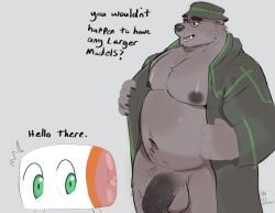 2025 anthro balls bear belly bin_(artist) biped clothing director_bear duo english_text eyewear genitals glasses greeting hat headgear headwear hi_res humanoid_hands male mammal moobs musclegut muscular navel nipples overweight overweight_male penis reborn_as_a_vending_machine_i_now_wander_the_dungeon sex_toy text