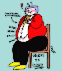 ! 2025 belly_noises black_legwear black_pants blue_background blush blush blush_lines clothing deltarune deltarune_chapter_3 donut drawing drawn eating english english_dialogue english_language english_text fat gurgling gurgling_noise light_blue_background male male_only nervous obese obese_male red_coat round_ass round_belly round_butt sitting sitting_down sitting_on_chair solo suit suit_and_tie surprised surprised_expression sweat sweating sweaty sweaty_face tenna_(deltarune) tie tight_clothes tight_clothing white_dress_shirt white_shirt yellow_shoes yellow_tie
