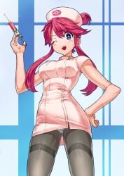 1girls bare_arms bare_shoulders blue_eyes blush breasts female hand_on_own_hip long_hair medium_breasts nurse nurse_cap nurse_uniform one_eye_closed open_mouth panties panties_under_pantyhose pantyhose pantyshot pokemon pokemon_bw red_hair short_sleeves skyla_(pokemon) smile syringe thighband_pantyhose thighs toranoe underwear wink