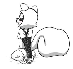 anthro armbinder arms_behind_back blush bondage bound breasts clary_(creamgag) clothing creamgag featureless_breasts female femsub furry kneeling mammal monochrome panties procyonid rodent solo squirrel underwear