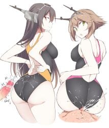 2boys 2girls breasts bukkake buttjob censored closed_mouth competition_swimsuit cum cum_on_ass cum_on_body cum_on_clothes green_eyes group_sex headgear kantai_collection large_breasts looking_back male_masturbation masturbation multiple_boys multiple_girls mutsu_(kancolle) nagato_(kancolle) off_shoulder one-piece_swimsuit open_mouth penis pointless_censoring racerback red_eyes shigino_sohuzi short_hair simple_background swimsuit