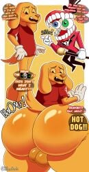 absurd_res anthro ass backsack balls big_balls bird_dog bodily_fluids bottomless butt_expansion caine_(tadc) caine_(the_amazing_digital_circus) cane canid canine canis cartoon_gloves ch4mm0zotz clothed clothing domestic_dog duo expansion floating_eyes for_a_head genitals glistening glistening_body glistening_butt glitch_productions gloves golden_retriever handwear heterochromia hi_res humanoid hunting_dog long_ears looking_back male male_focus male_only mammal object_head onomatopoeia rear_view red_clothing red_shirt red_suit red_topwear retriever scratch_(tadc) scratch_(the_amazing_digital_circus) shirt simple_background snapping_fingers sound_effects speech_bubble suit sweat tail teeth text the_amazing_digital_circus thick_thighs topwear yellow_body yellow_sclera