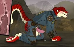all_fours anal anal_sex angel_(velvetvlade) anthro anthro_on_feral anthro_penetrated balls big_fangs bite blue_bodysuit blue_clothing blue_skinsuit blush bodily_fluids bodysuit clothed clothing cum cum_string duo erection fallout fangs felid feral feral_penetrating feral_penetrating_anthro fur genital_fluids genitals green_eyes hair hi_res invisible killthe_demon looking_pleasured male male/male male_penetrated male_penetrating male_penetrating_male mammal microsoft narrowed_eyes night_stalker_(fallout) open_mouth penetration penile penile_penetration penile_spines penis penis_in_ass pink_penis plant red_body red_fur red_hair red_tongue samantha_(nava) sex short_hair shoulder_bite shrub side_view skinsuit teeth tight_clothing tongue torn_bodysuit translucent translucent_body yellow_balls yellow_body yellow_fur zoophilia