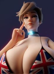 1girls 3d big_breasts bikini bikini_top blizzard_entertainment breasts british british_flag brown_eyes brown_hair choker cleavage female female_focus female_only flag_bikini huge_breasts large_breasts looking_at_viewer massive_breasts overwatch overwatch_2 scrag_boy_(model) scrag_tracer seductive seductive_look solo solo_female solo_focus tanqian6918 tracer union_jack