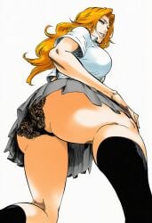accurate_art_style ai_generated ass_focus big_breasts bleach breasts breasts_bigger_than_head bush female manga_style matsumoto_rangiku pubic_hair school_uniform