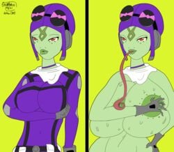 1girls alien alien_girl amphibian attea ben_10 ben_10_omniverse breast_expansion breasts covering_breasts female frog frog_girl goggles goggles_on_head green_skin helmet huge_breasts humanoid incursean lactation long_tongue navel nipple_slip princess tongue yellow_sclera