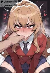 1boy ai_generated aisaka_taiga bangs black_legwear black_thighhighs blue_skirt blush breasts brown_eyes brown_hair clothing collared_shirt cum cum_in_mouth english_text fellatio female female finger_in_another's_mouth finger_sucking hair_between_eyes heart heart-shaped_pupils jacket jennieart02 legwear long_hair long_sleeves looking_at_viewer male necktie oohashi_high_school_uniform oral patreon patreon_logo patreon_username penis pleated_skirt red_eyes red_jacket saliva school_uniform semen shirt sitting skindentation skirt solo_focus straight sweat symbol-shaped_pupils text thighhighs thighs tongue tongue_out toradora! trembling twitter twitter_username uniform watermark white_shirt