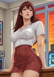 1girls 2d 2d_(artwork) ai_generated asaoka_rena clothed clothed_female female female_only human human_only indoors jousneystudio light-skinned_female light_skin lingeries_office long_hair looking_away nutech_digital questionable sfw skirt solo solo_female sunset window