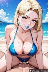 1girl1boy ai_generated beach big_breasts bikini blonde_female blonde_hair blue_eyes blue_lips blue_lipstick blush cleavage cowgirl_position cum cum_in_pussy cum_inside earrings emma_frost emma_frost_(marvel_rivals) female huge_breasts implied_sex looking_at_viewer makeup marvel marvel_rivals ocean omega_weirdo outdoors patreon pov pov_sex sand sex short_hair smile smiling smiling_at_viewer straddling sweat