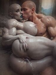1boy 1boy1girl 1girls ai_generated ass bald black_sclera breasts eyeshadow female_ejaculation green_eyes grey-skinned_female hetero hetero_sex heterosexual huge_breasts kissing lactation light-skinned_male lipstick male_on_female monster_girl muscular_female muscular_male oc oiled oiled_body oiled_skin original_character pierced_ears piercing ruins squirting straight straight_sex teal_lipstick vagina