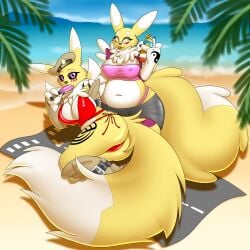 1:1 2019 absurd_res anthro ass bandai_namco beach big_breasts binary_(wouhlven) black_nose breasts cameltoe canid canine cleavage clothed clothing cloud day dessert digimon digimon_(species) duo eyewear female food food_fetish fox fur glasses hat headgear headwear hi_res holding_food holding_ice_cream holding_object ice_cream long_tail looking_at_viewer mammal navel nipple_outline outside pink_eyes radar_(scramjet) renamon scramjet747 seaside slightly_chubby smile suggestive suggestive_food tail tongue tongue_out wide_hips yellow_body yellow_fur