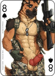 2018 4_fingers abs animal_genitalia animal_penis anthro balls black_fur black_nose brown_fur camo canine canine_penis card clothed clothing dog_tags erection fingerless_gloves fonyaa fur german_shepherd gloves green_eyes gun half-erect knot looking_at_viewer male male_only mammal navel pants partially_clothed peehole penis playing_card pouches ranged_weapon rifle simple_background solo standing tan_fur topless uniform urethra urethra_tip weapon white_background wristwatch