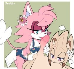 2025 absurd_res accessory anthro anthro_on_anthro balls barefoot blue_eyes bodily_fluids breasts clothed clothing domestic_cat duo erection feet felid feline felis female flower flower_in_hair fur genitals hair hair_accessory handjob hi_res licking male male/female mammal multicolored_body multicolored_fur nude oral penile penis penis_lick pink_body pink_fur pink_hair plant purple_eyes sensh_the_cat senshion sex simple_background sweat tongue two_tone_body two_tone_fur white_body white_fur