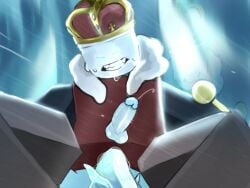1boy anal_insertion balls bentoonxd block_tales blocky_body blue_eyes crown cruel_king_(block_tales) erection icicle king male_only object_in_ass penis roblox roblox_game robloxian sweat tagme