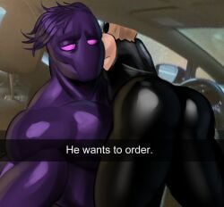 ass_focus bag_on_head bag_over_head bara big_ass black_suit bubble_ass colossus_(purplevenom) dirtymache gay he_wants_to_order human mache_(mache_art) male meme monster monster_boy muscular muscular_ass round_ass